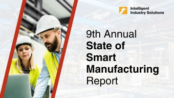 State of Smart Manufacturing Report with man and woman in hard hats looking at a laptop 